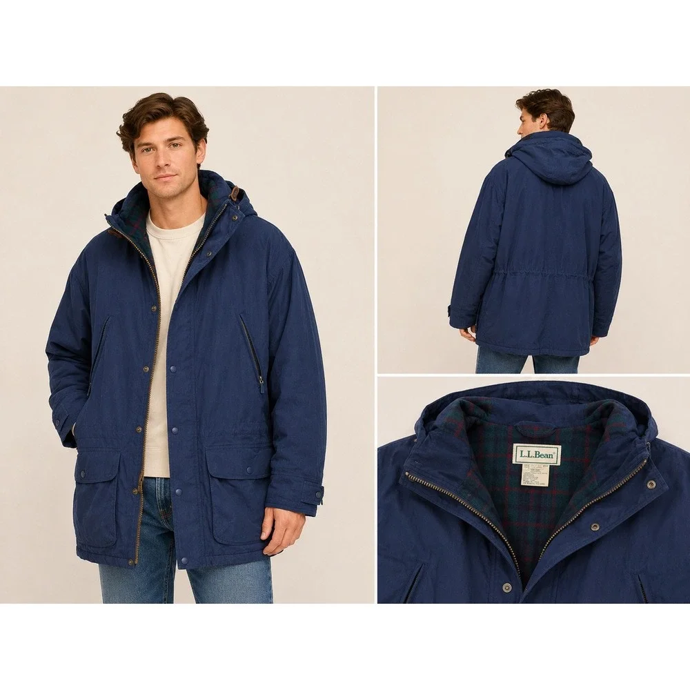 LL Bean Cotton Nylon Baxter State Parka XL Navy Blue Wool Plaid Lined Vintage
